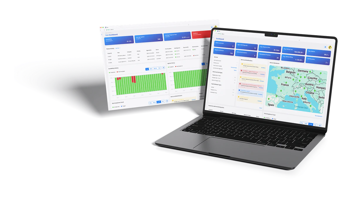 Clea Software Suite industrial dashboards displayed across two laptop interfaces.