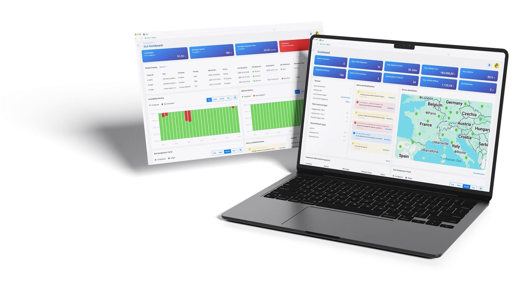 Clea Console governance and SLA dashboards displayed on a laptop and an additional screen.