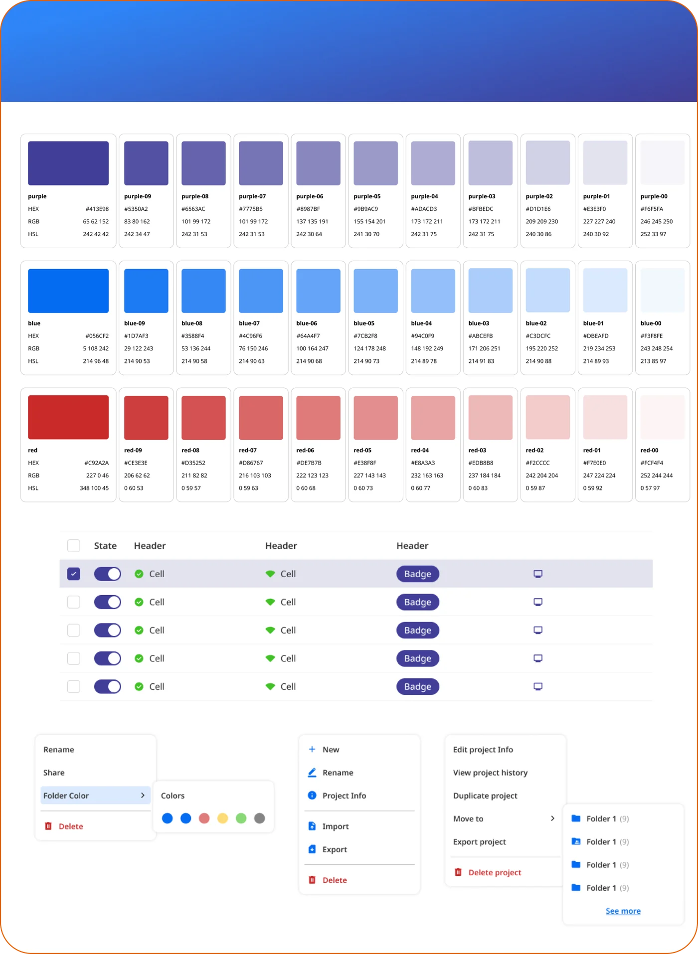 Clea design system color scales, interface states, and reusable components.
