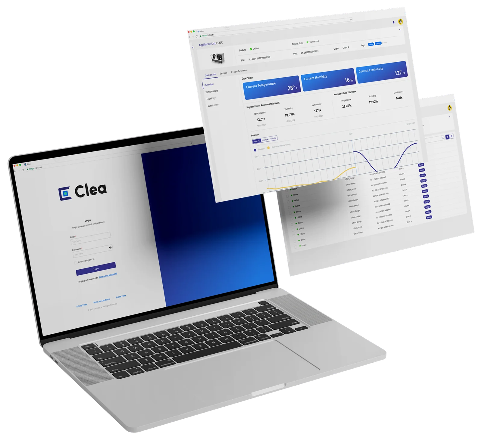 Clea ecosystem interfaces displayed across a laptop and layered operational dashboards.