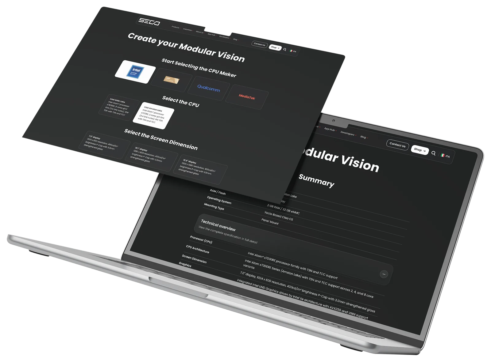 SECO online hardware configurator and technical summary displayed on a laptop.