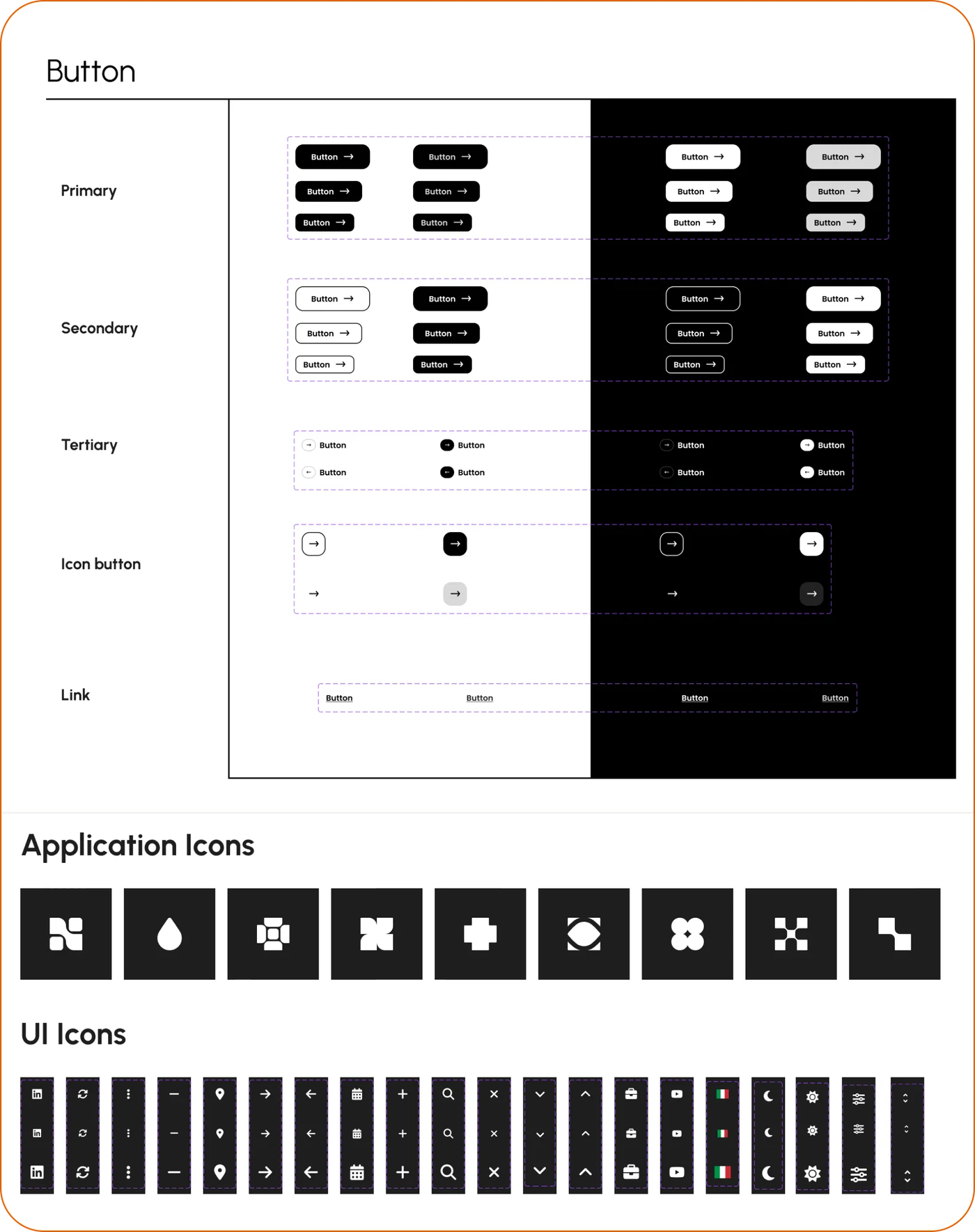 SECO configurator design system with button variants and application and interface icons.