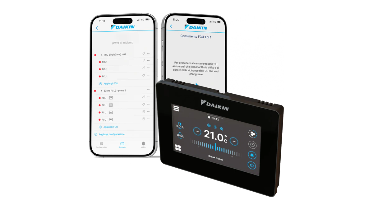 Daikin room controller and mobile application interfaces for the Shinka fancoil ecosystem.