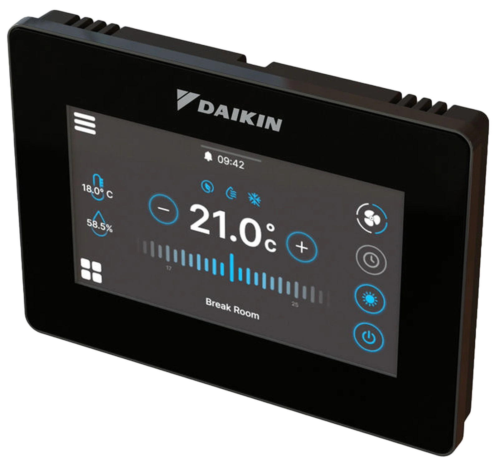 Daikin Shinka room controller showing the local fancoil control interface.