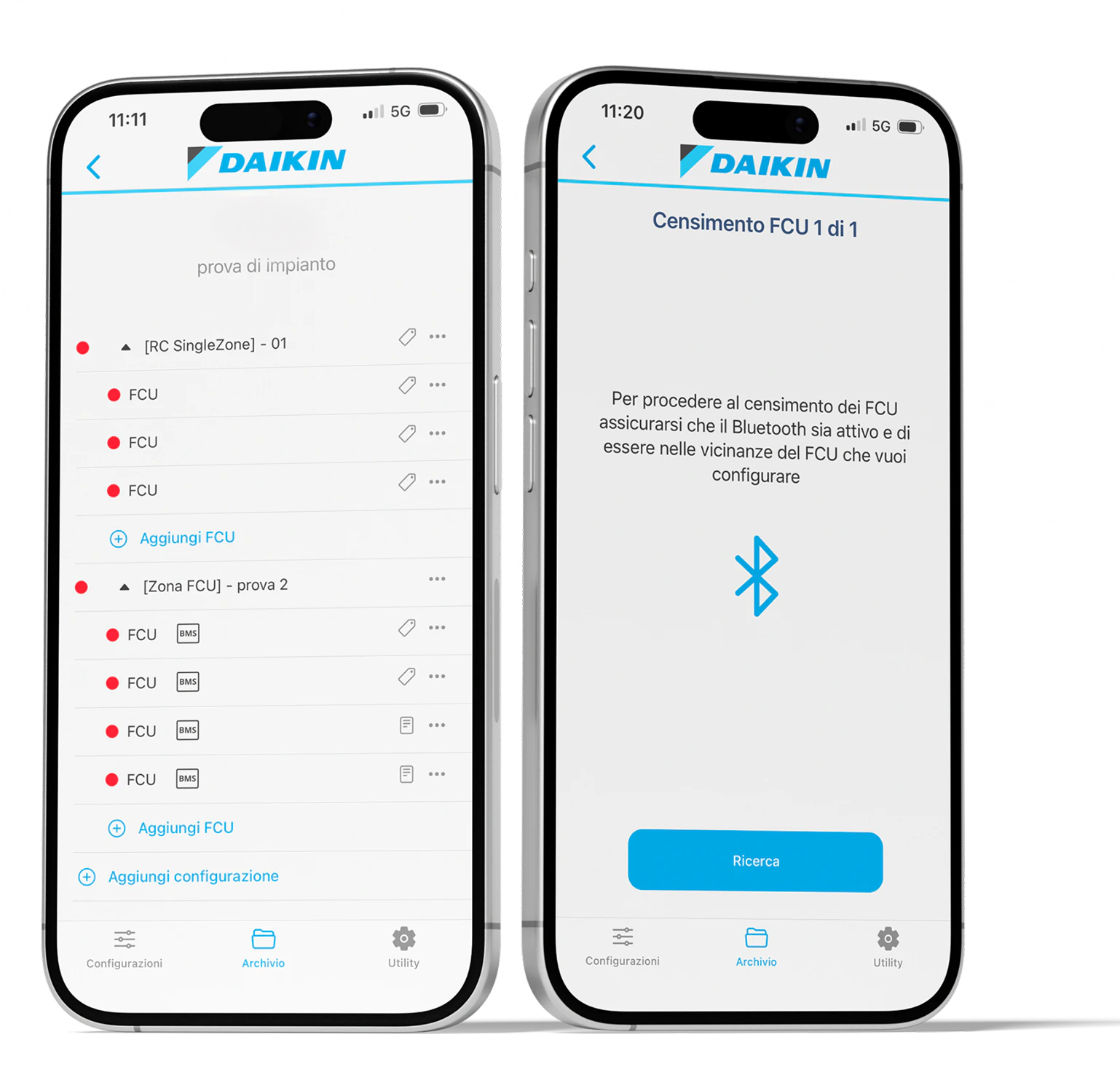 Two mobile screens from the Daikin Shinka Manager configuration application.