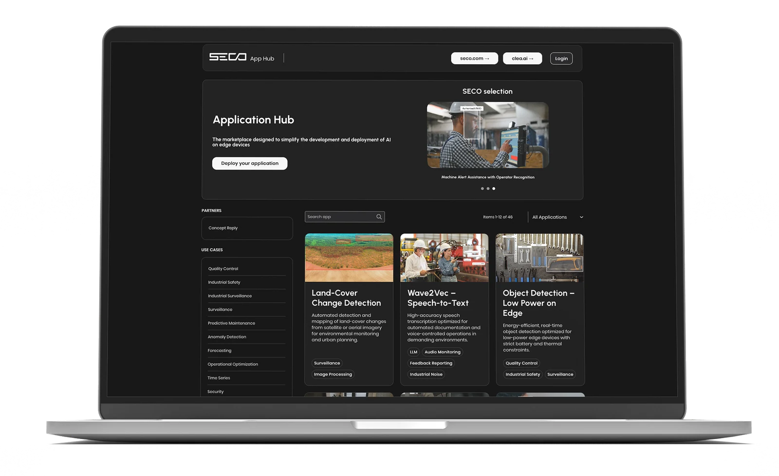 SECO Application Hub marketplace displayed on a laptop with Edge AI applications.
