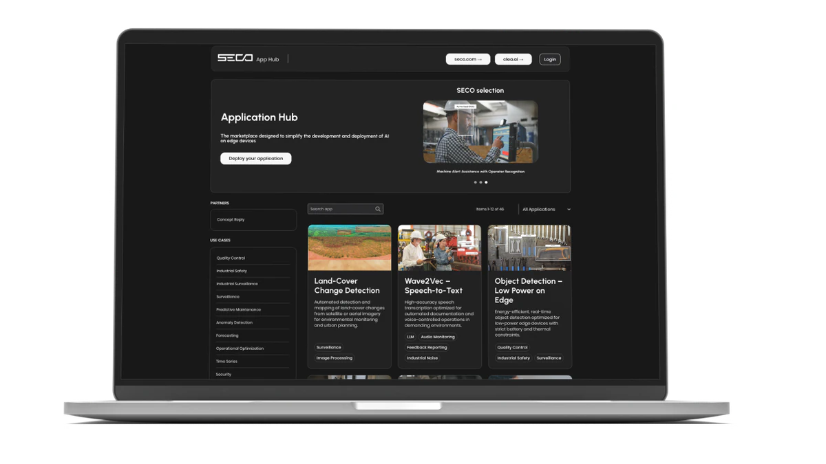 SECO Developer Experience Application Hub displayed on a laptop.