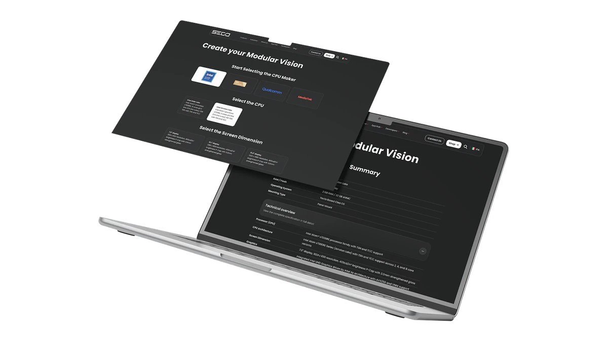 SECO online configurator product-selection and configuration-summary interfaces on a laptop.